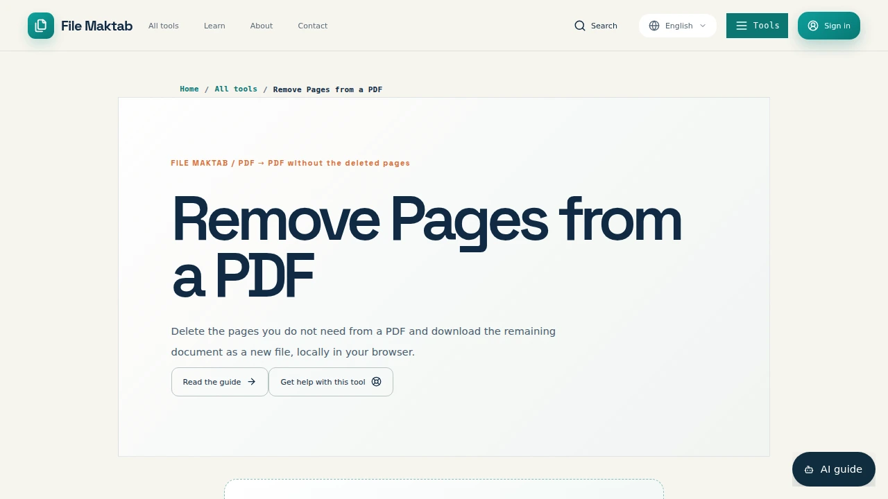 The File Maktab Remove Pages from a PDF tool interface