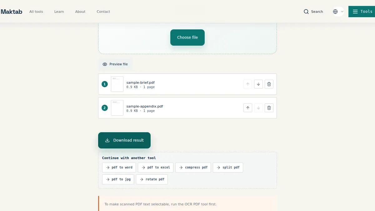 File Maktab Merge PDF local workspace with documents loaded
