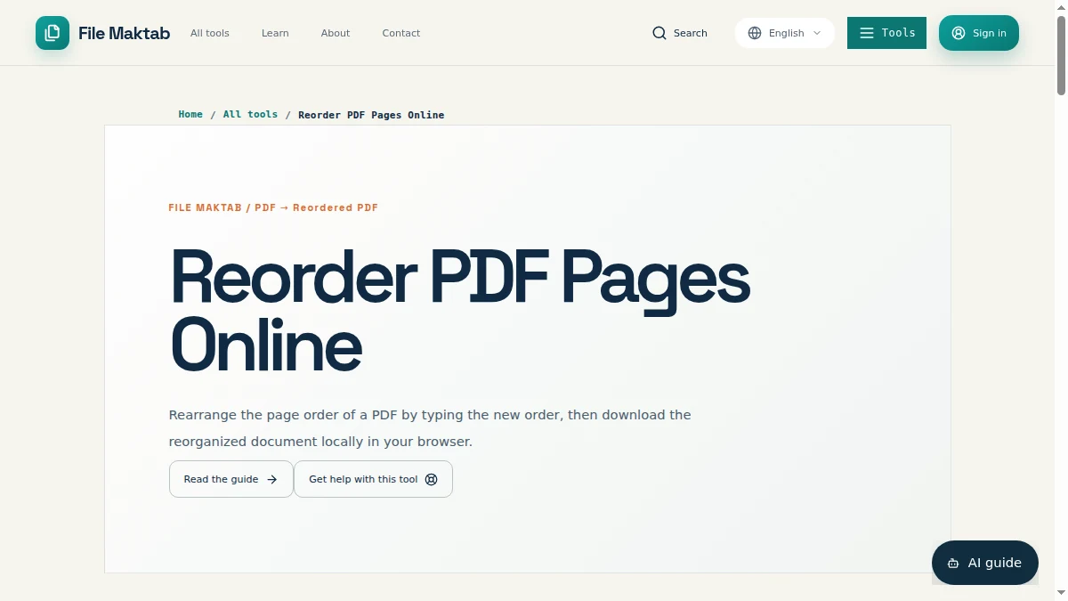 Desktop screenshot of the Filemaktab Reorder PDF Pages interface