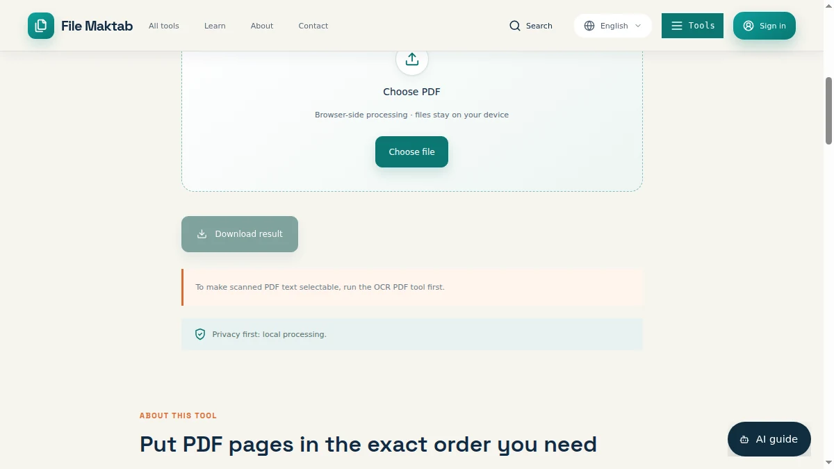 Desktop screenshot of the Filemaktab PDF page reordering workspace