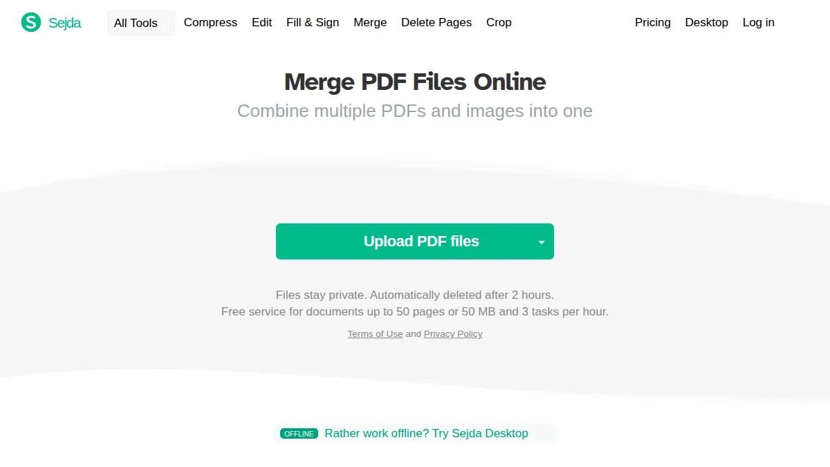 Sejda PDF merge tool in browser
