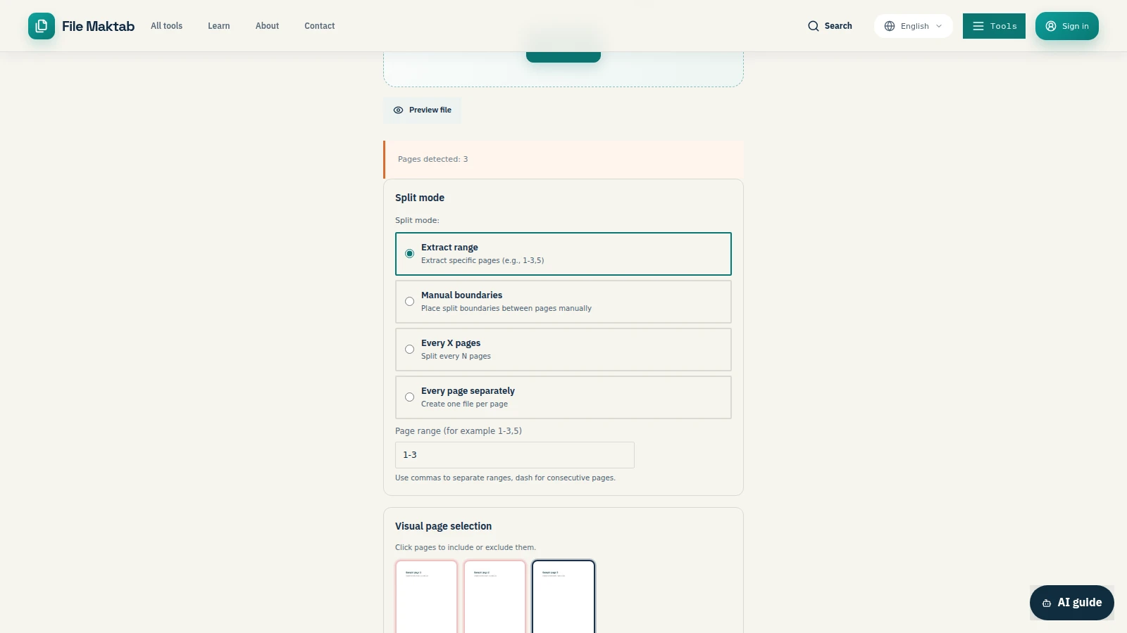 Desktop view of the PDF page selection and split workspace
